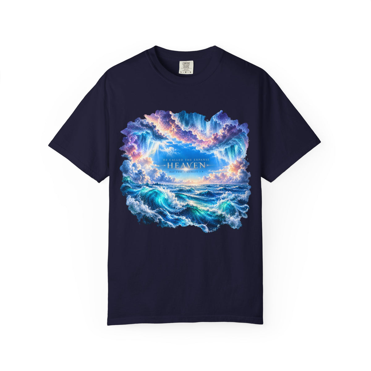 T-shirt featuring “Heavenly Ocean Waves”, cross imagery and bold lettering; courageous energy.