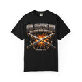 Black T-shirt featuring “Iron Sharpens Iron”, sword imagery and cross imagery and bold lettering; resilient faith.