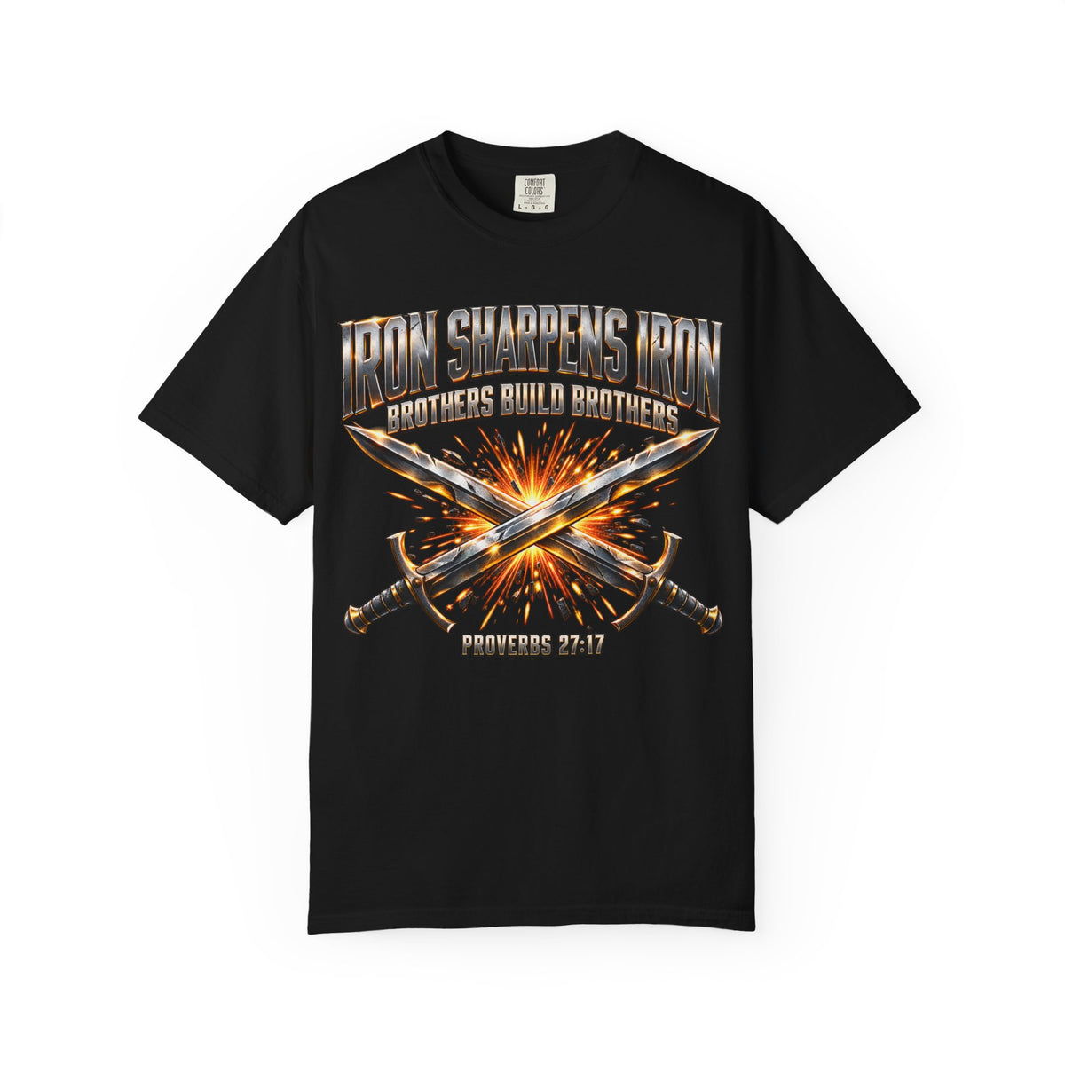 Black T-shirt featuring “Iron Sharpens Iron”, sword imagery and cross imagery and bold lettering; resilient faith.