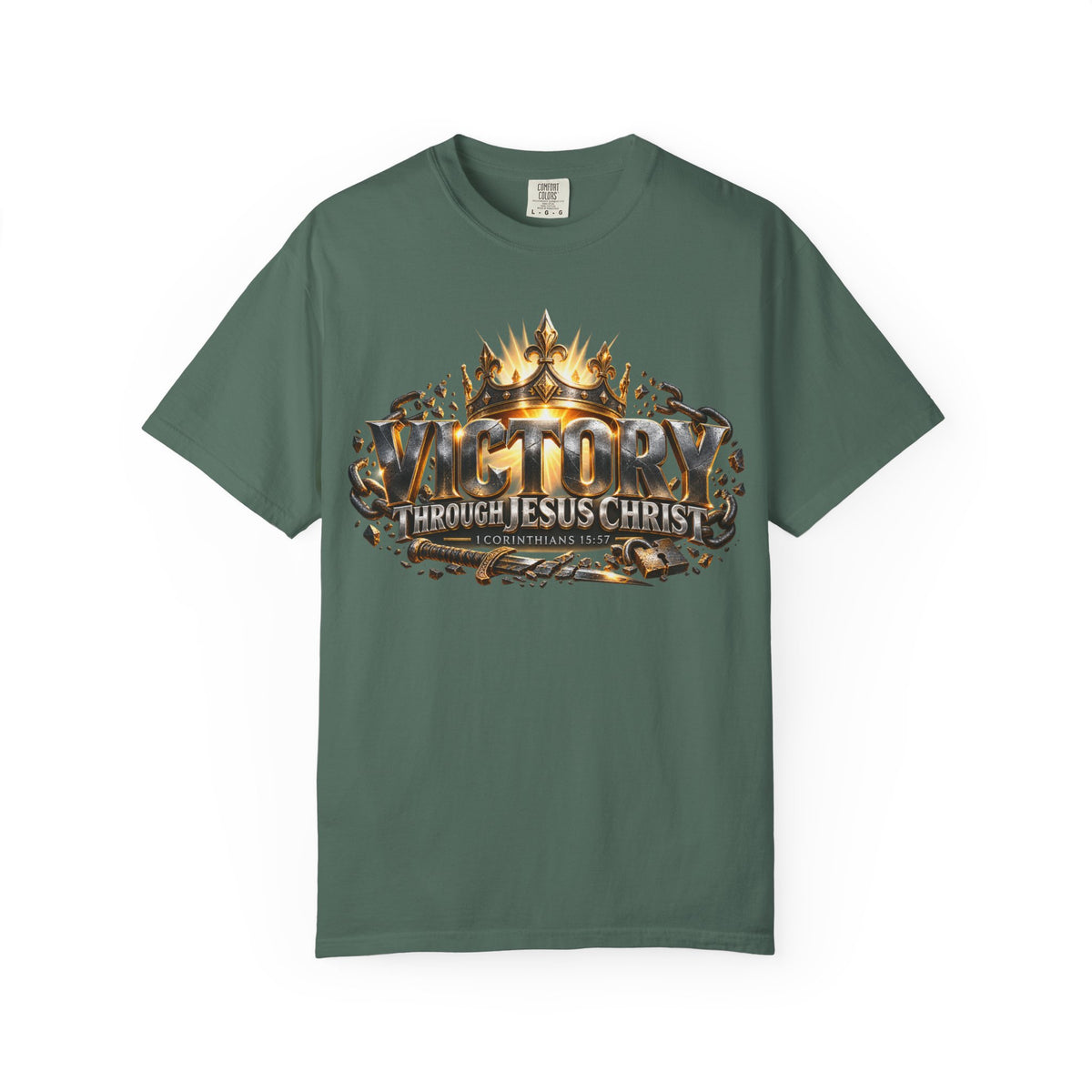 T-shirt featuring “Victory Through Jesus Christ”, crown imagery and  and distressed lettering; steadfast faith.
