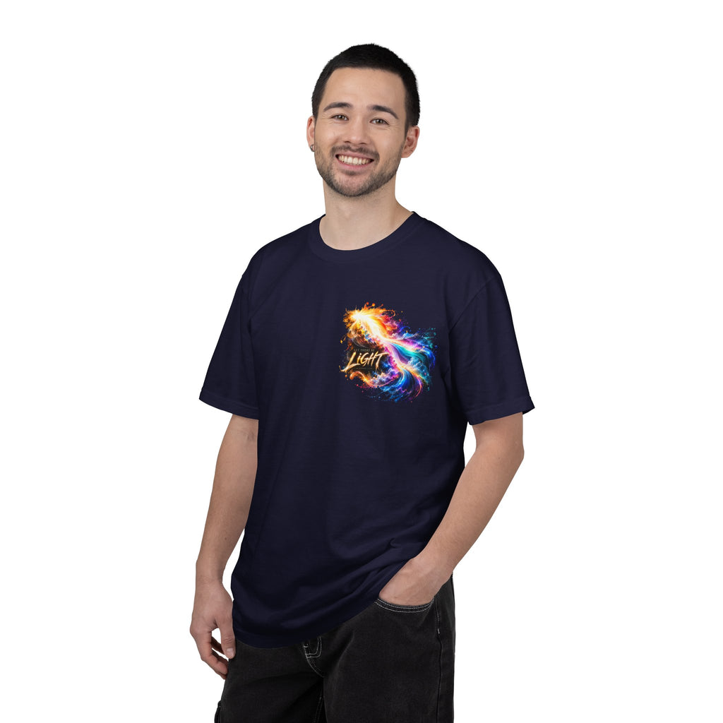 “Rainbow Flame Feather 'Be the Light'” Christian T-shirt with cross imagery and ; everyday faith style.