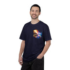 “Rainbow Flame Feather 'Be the Light'” Christian T-shirt with cross imagery and ; everyday faith style.