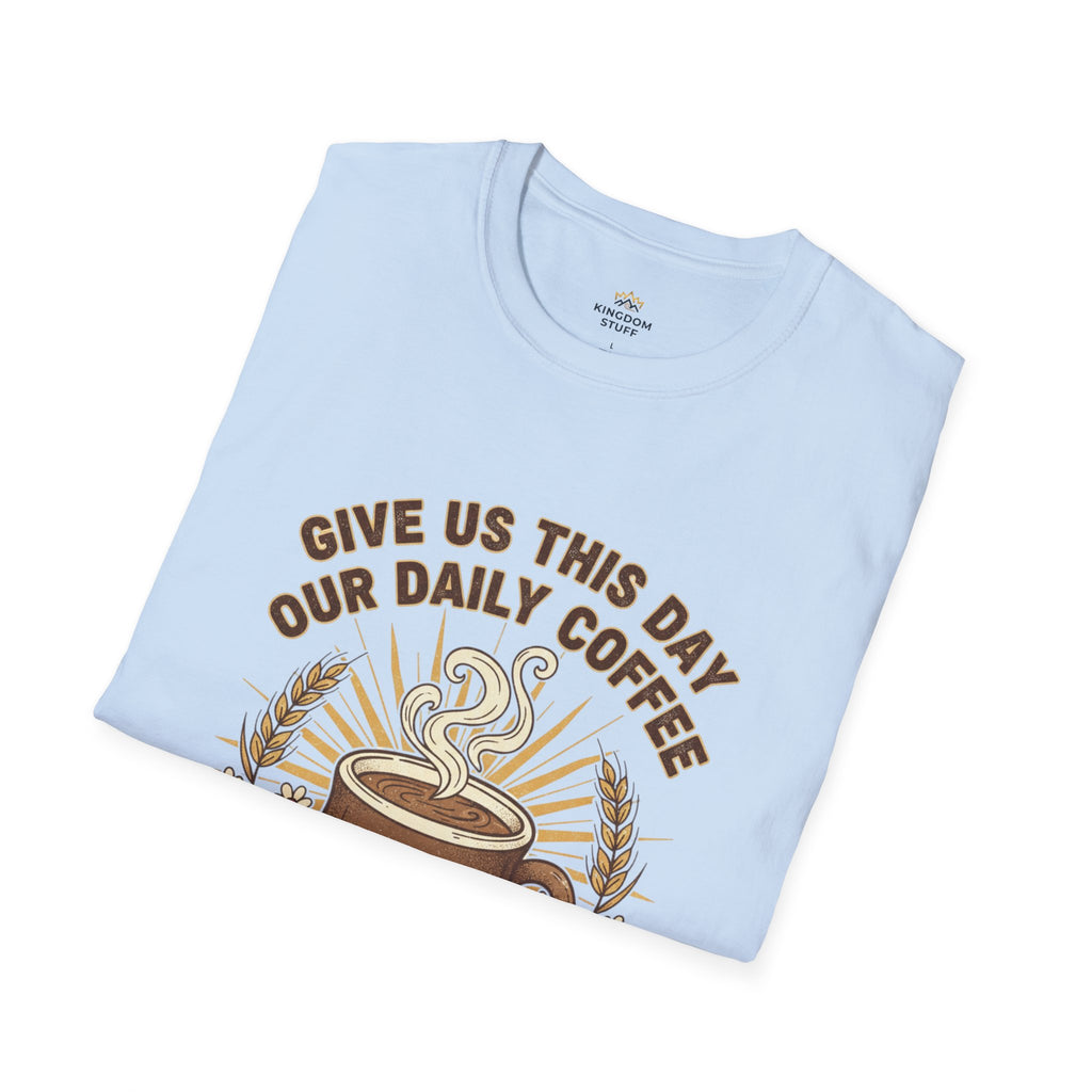 “Give Us This Day Our Daily Coffee” Christian T-shirt with coffee detail and ; bold faith-led style.