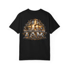 T-shirt featuring “Before Abraham I Am”,  and forged-style lettering; confident character.