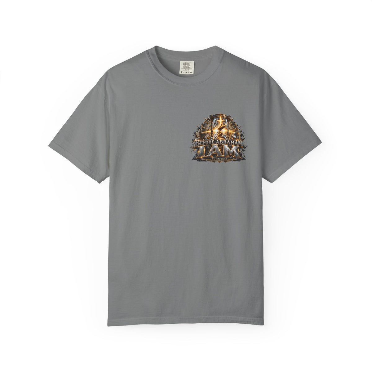 T-shirt featuring “Before Abraham I Am”,  and forged-style lettering; steadfast faith.