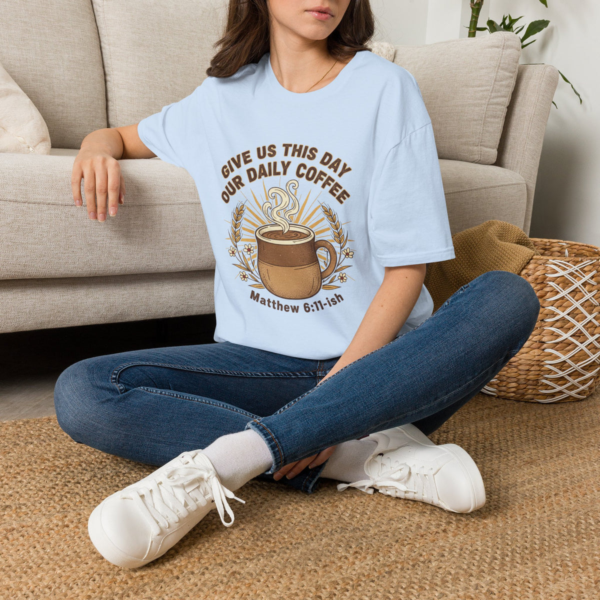 “Give Us This Day Our Daily Coffee” Christian T-shirt with coffee detail and ; calm grounded style.