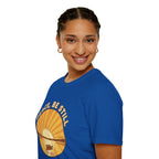 T-shirt featuring “Peace, Be Still”, sunrise detail and coffee detail and vintage lettering; meaningful faith.