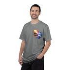 “Rainbow Flame Feather 'Be the Light'” Christian T-shirt with cross imagery and ; bold faith-led style.