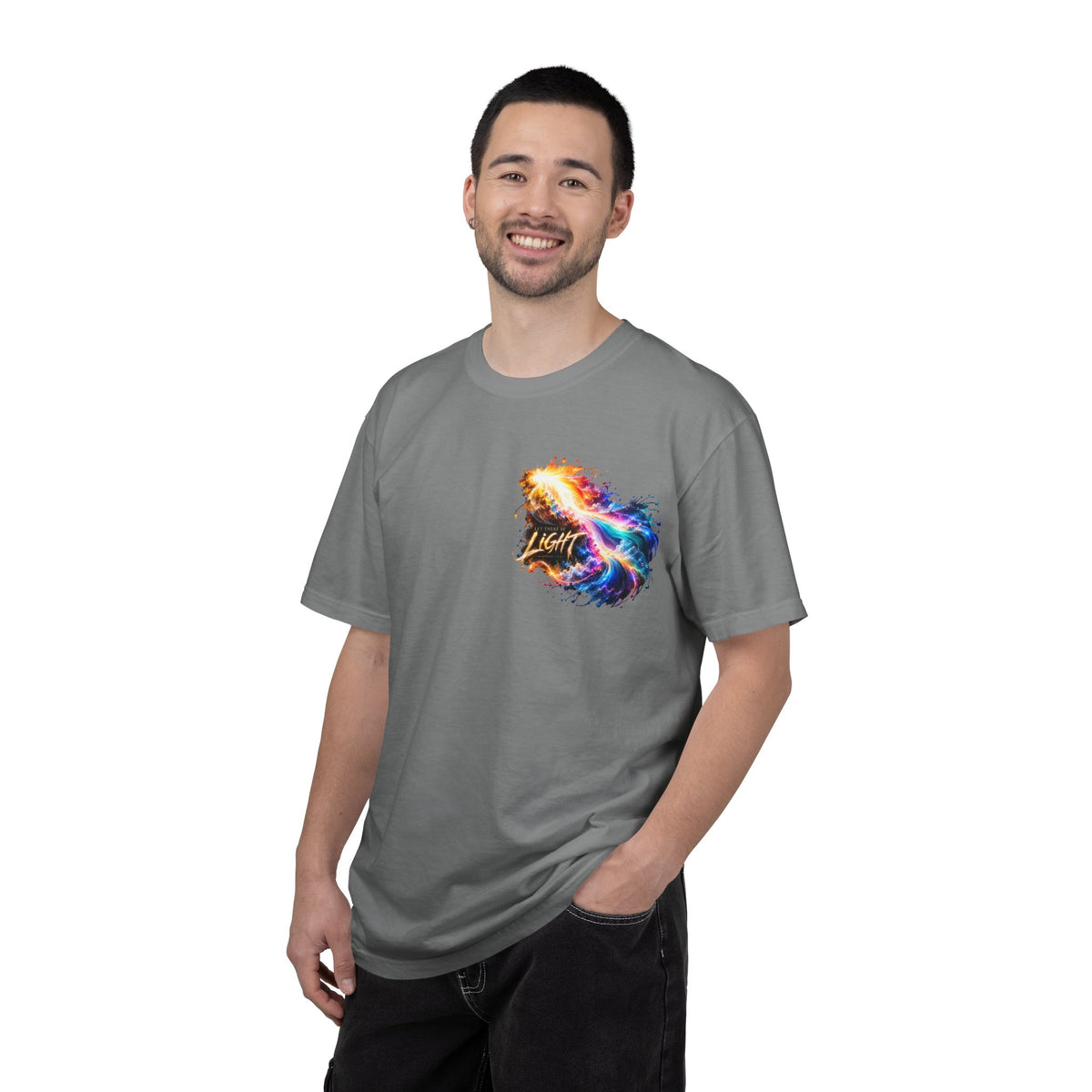 “Rainbow Flame Feather 'Be the Light'” Christian T-shirt with cross imagery and ; bold faith-led style.