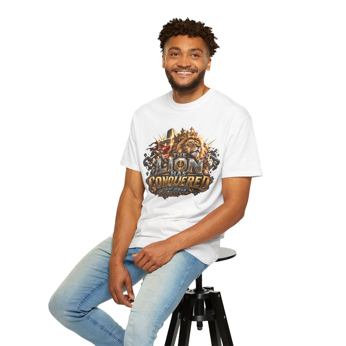 “Lion of Judah Conquered Graphic” Christian T-shirt with lion artwork and ; expressive everyday style.