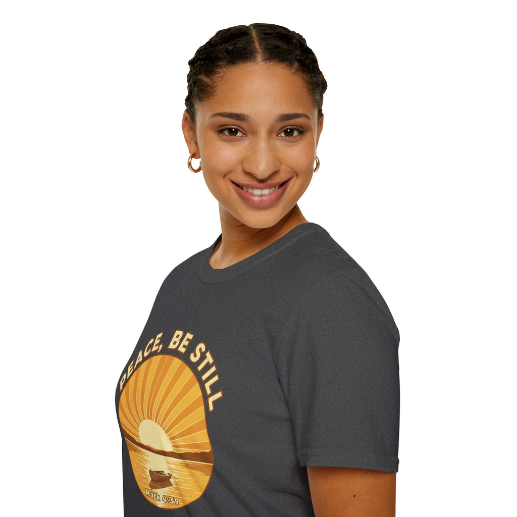 T-shirt featuring “Peace, Be Still”, sunrise detail and coffee detail and vintage lettering; assured simplicity.