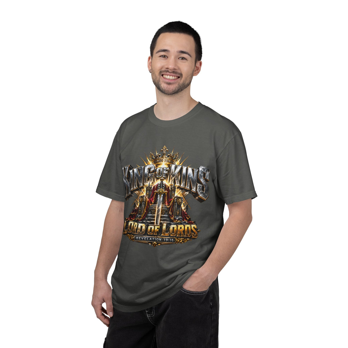 “King of Kings Lord of Lords” Christian T-shirt with crown imagery and ; understated statement style.