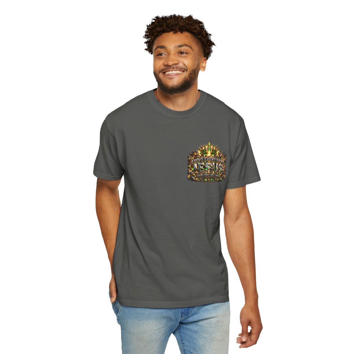 T-shirt featuring “Above Every Name Jesus”, crown imagery and  and forged-style lettering; strong conviction.