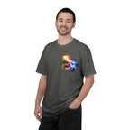 “Rainbow Flame Feather 'Be the Light'” Christian T-shirt with cross imagery and ; understated statement style.