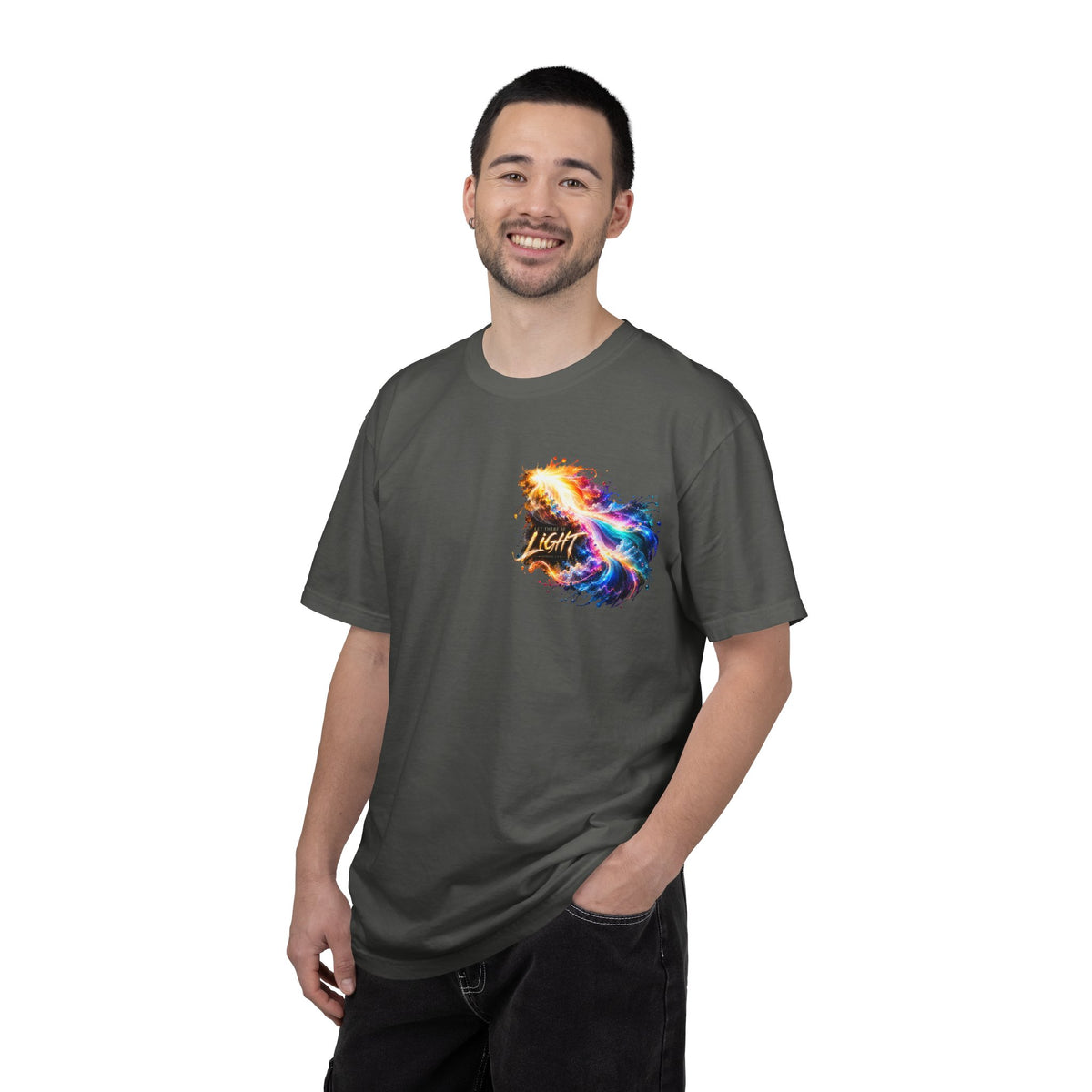 “Rainbow Flame Feather 'Be the Light'” Christian T-shirt with cross imagery and ; understated statement style.