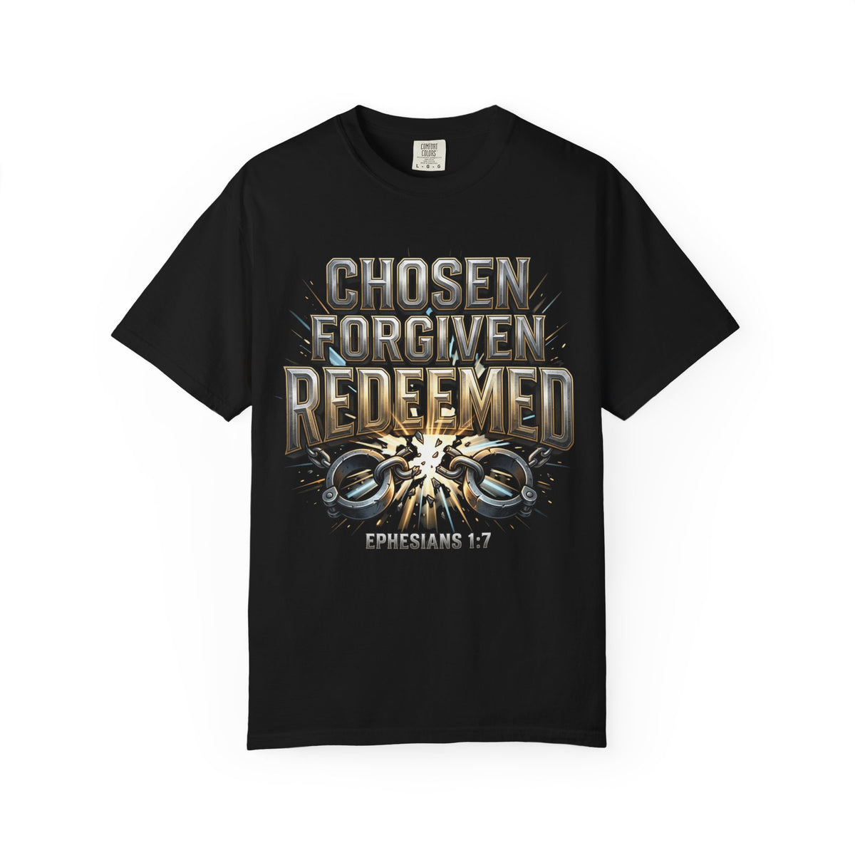 “Chosen Redeemed Graphic” Christian T-shirt in Black, highlighting coffee detail and ; calm grounded style.