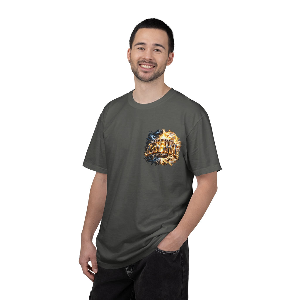 T-shirt featuring "Let There Be Light" — Genesis scripture and bold lettering, front and back design — Kingdom Stuff NZ; adventurous spirit