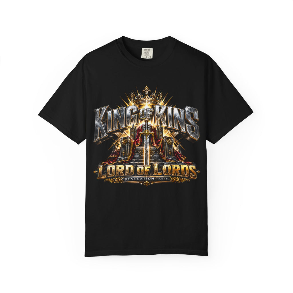 “King of Kings Lord of Lords” Christian T-shirt in Black, featuring crown imagery and ; meaningful everyday style.