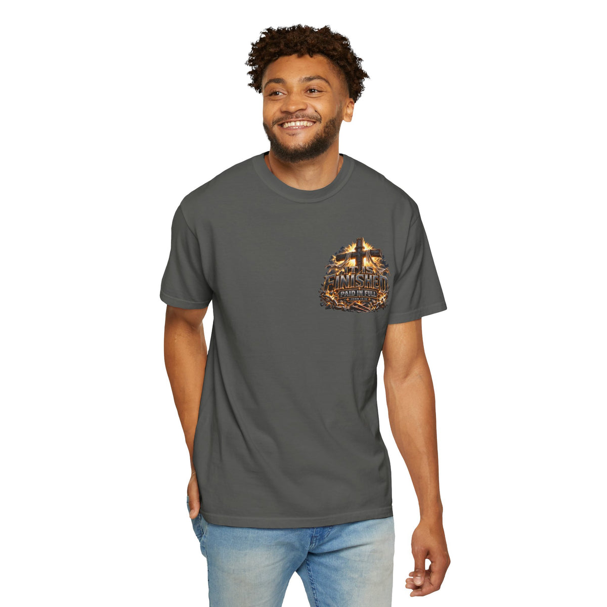 “It Is Finished Cross Flames” Christian T-shirt with cross imagery and ; understated statement style.