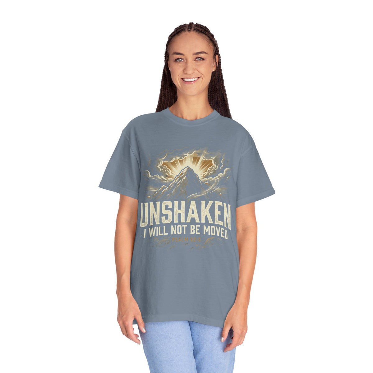 “Unshaken Mountain Illustration” Christian T-shirt with mountain imagery and fire detail; quietly assured style.