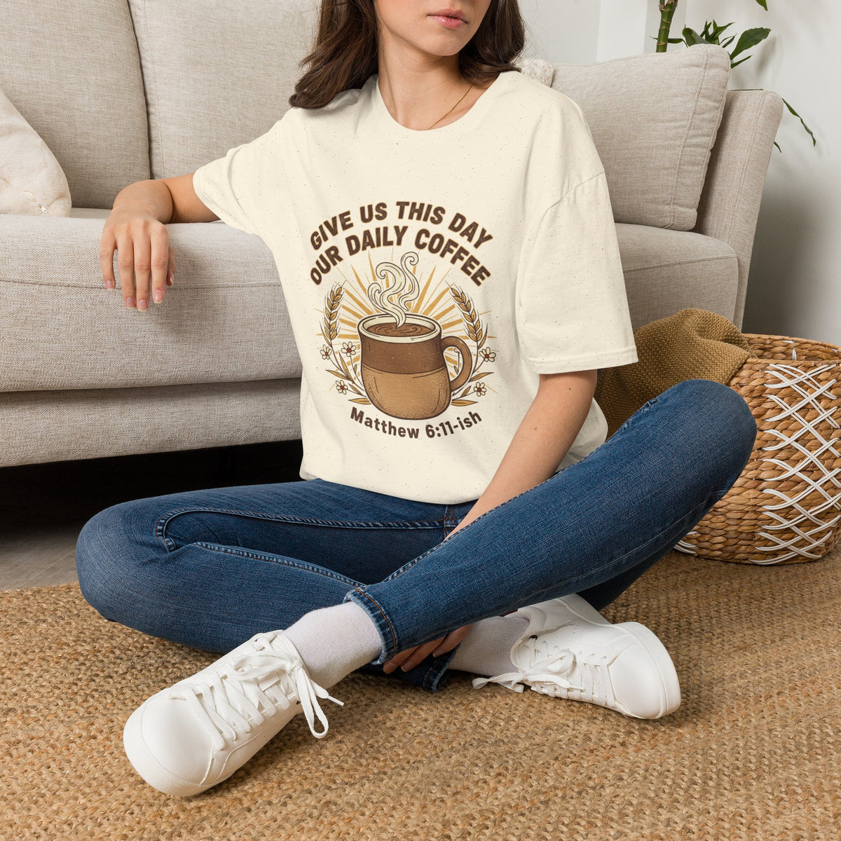 “Give Us This Day Our Daily Coffee” Christian T-shirt with coffee detail and ; understated statement style.