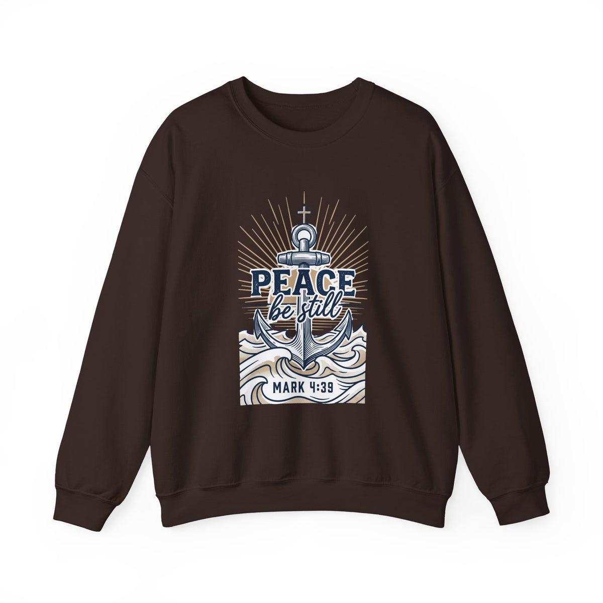 sweatshirt presenting “Peace Be Still Anchor”, anchor motif and  and script lettering; purposeful character.