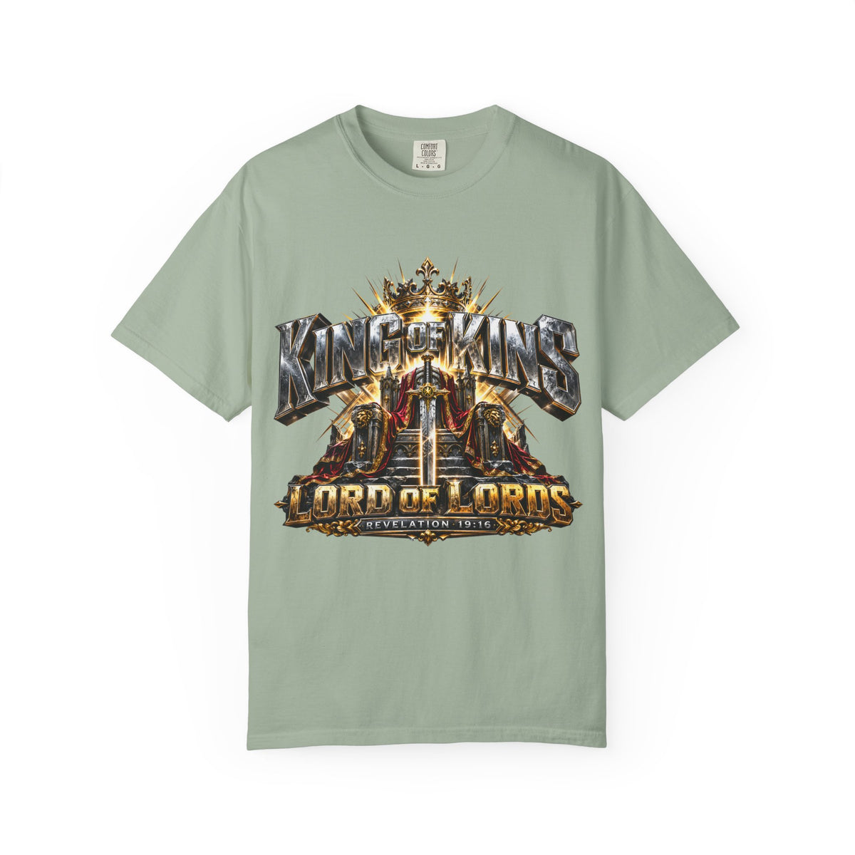 Bay T-shirt featuring “King of Kings Lord of Lords”,  and forged-style lettering; steadfast faith.