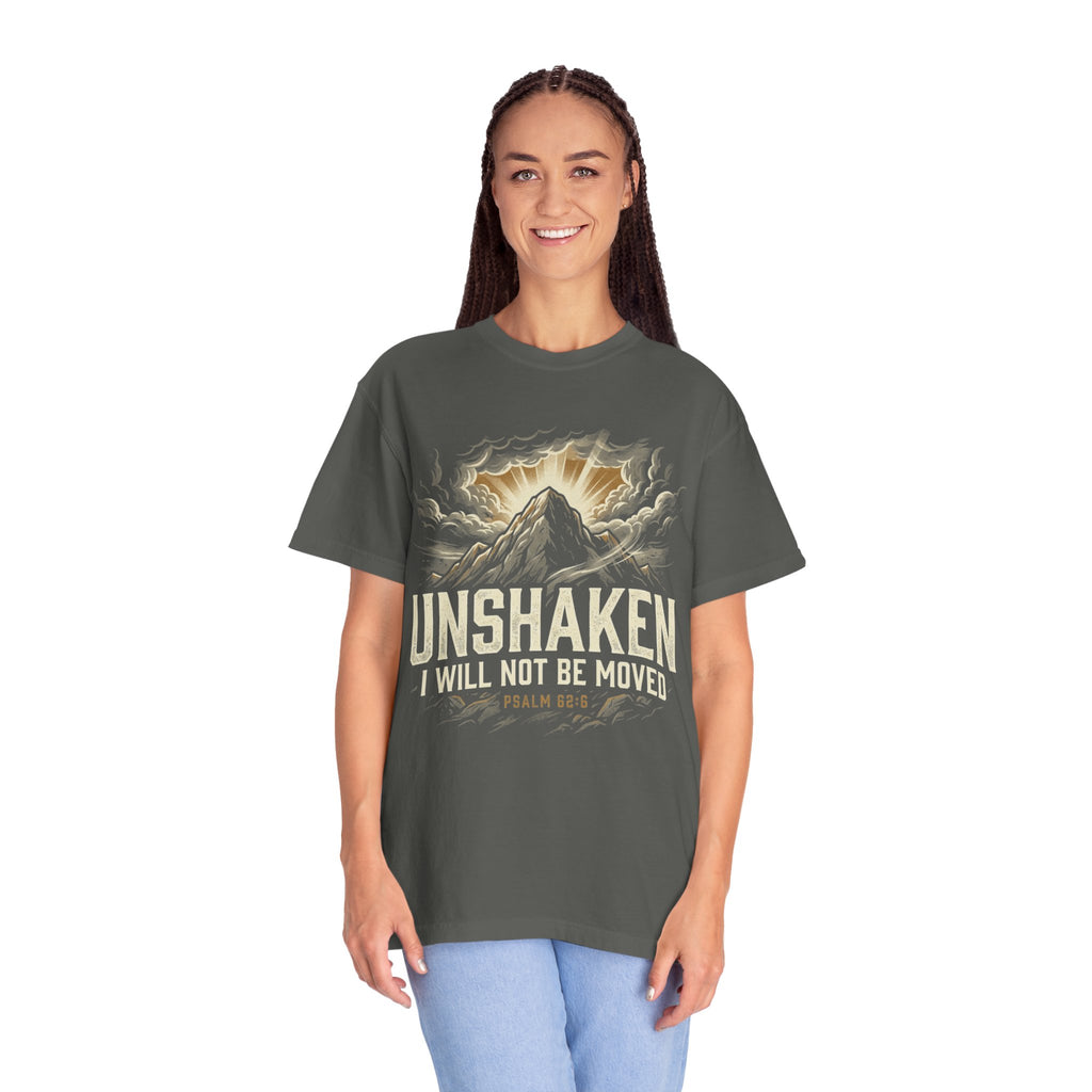 “Unshaken Mountain Illustration” Christian T-shirt with mountain imagery and fire detail; understated statement style.