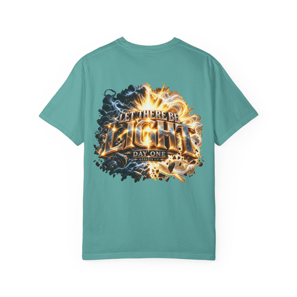 T-shirt featuring “Let There Be Light graphigraphic", Genesis scripture and bold lettering, front and back design Genesis scripture and bold lettering; adventurous spirit.