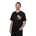 “Rainbow Flame Feather 'Be the Light'” Christian T-shirt with cross imagery and ; confident casual style.