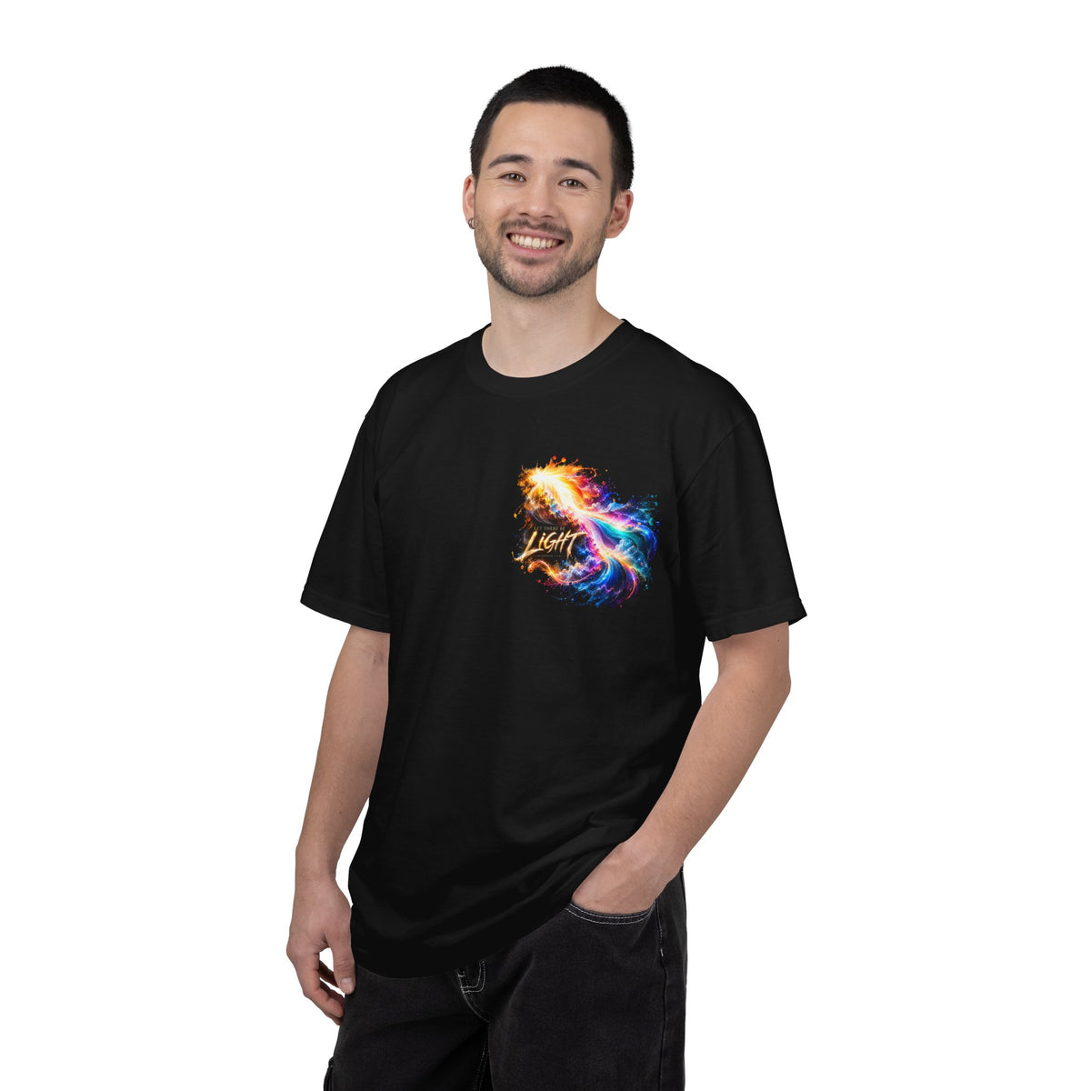 “Rainbow Flame Feather 'Be the Light'” Christian T-shirt with cross imagery and ; confident casual style.