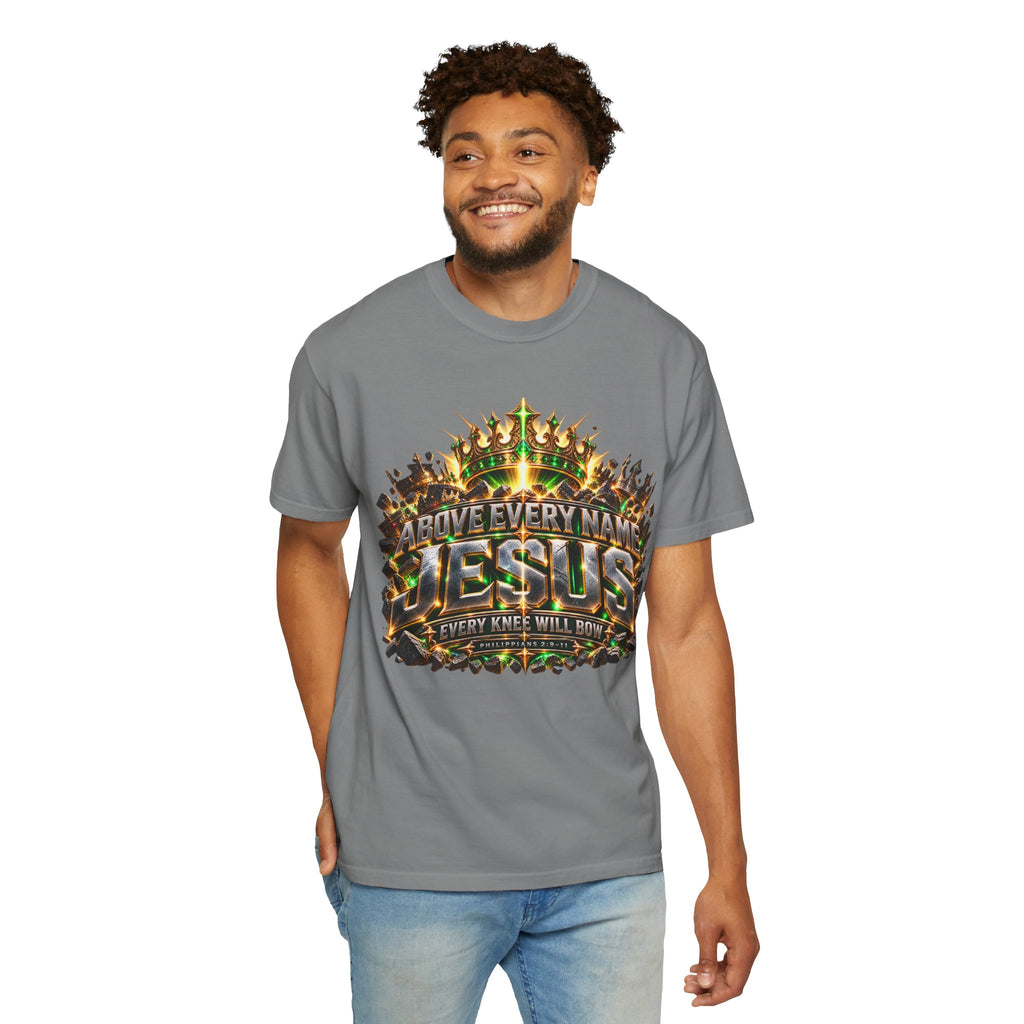 “Above Every Name Jesus graphic” Christian T-shirt with crown imagery and ; bold faith-led style.