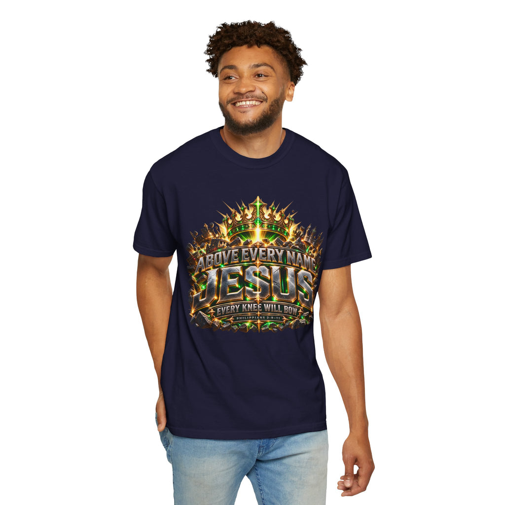 “Above Every Name Jesus graphic” Christian T-shirt with crown imagery and ; everyday faith style.