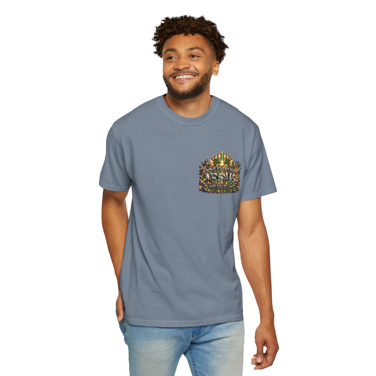 T-shirt featuring “Above Every Name Jesus”, crown imagery and  and forged-style lettering; uplifting confidence.
