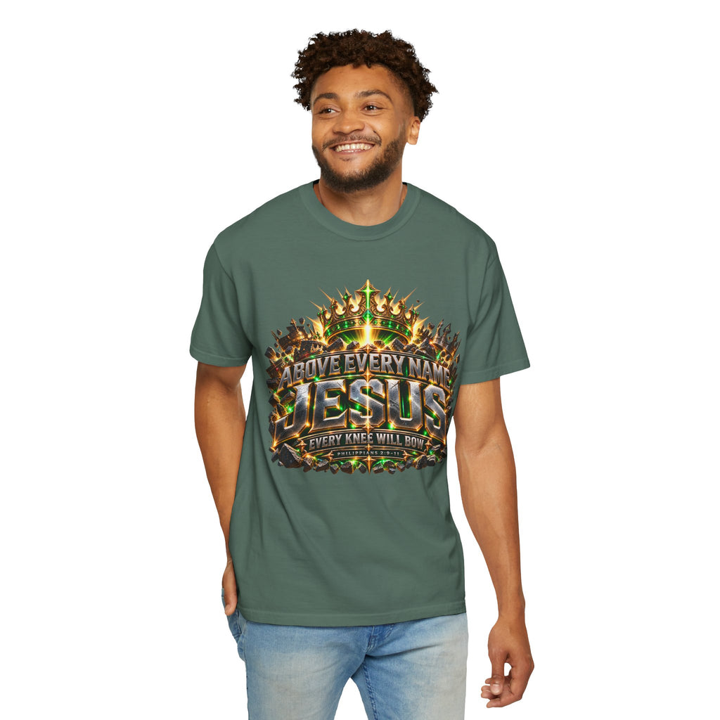 “Above Every Name Jesus graphic” Christian T-shirt with crown imagery and ; modern statement style.