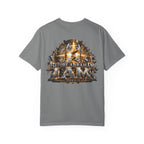 T-shirt featuring “Before Abraham I Am”,  and forged-style lettering; resilient faith.