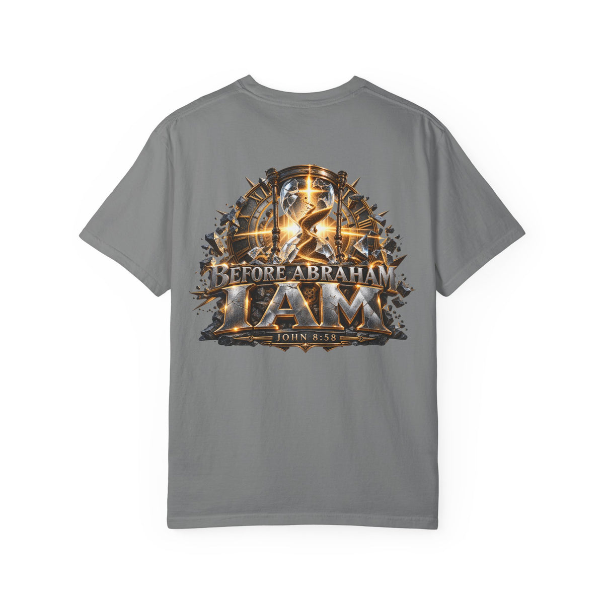 T-shirt featuring “Before Abraham I Am”,  and forged-style lettering; resilient faith.