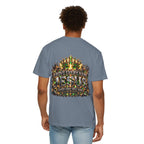T-shirt featuring “Above Every Name Jesus”, crown imagery and  and forged-style lettering; resilient faith.