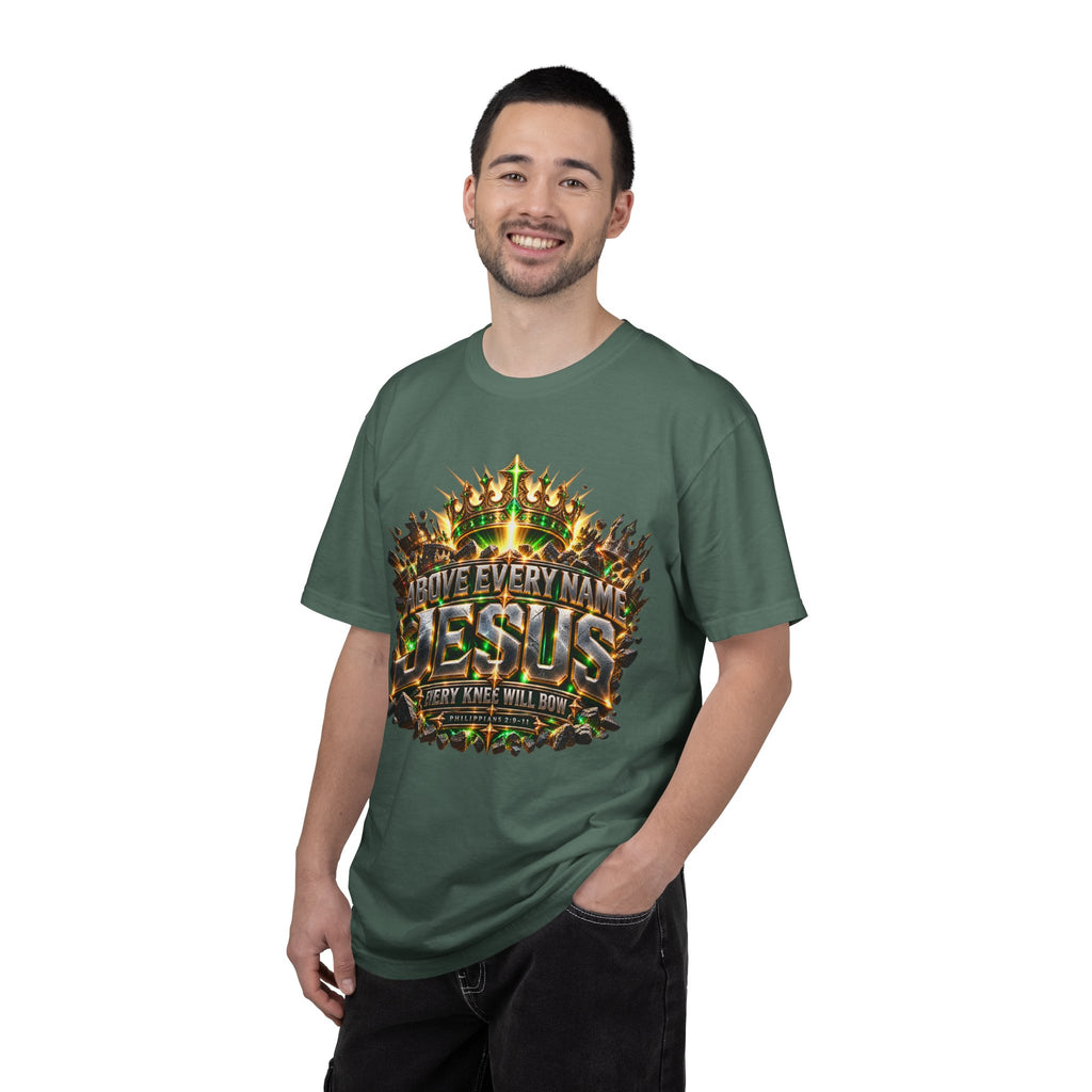 “Above Every Name Jesus graphic” Christian T-shirt with crown imagery and ; calm grounded style.