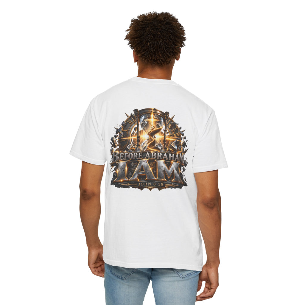 T-shirt featuring “Before Abraham I Am”,  and forged-style lettering; purposeful character.