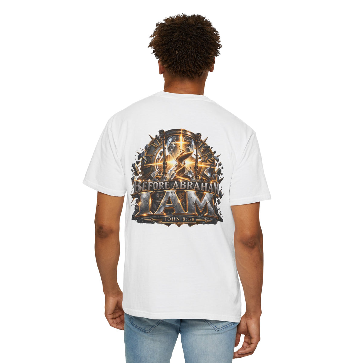 T-shirt featuring “Before Abraham I Am”,  and forged-style lettering; purposeful character.