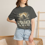 T-shirt featuring “Unshaken Mountain Illustration”, mountain imagery and fire detail and vintage lettering; hopeful spirit.