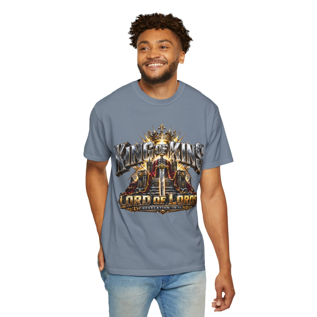 “King of Kings Lord of Lords” Christian T-shirt with crown imagery and ; adventurous casual style.