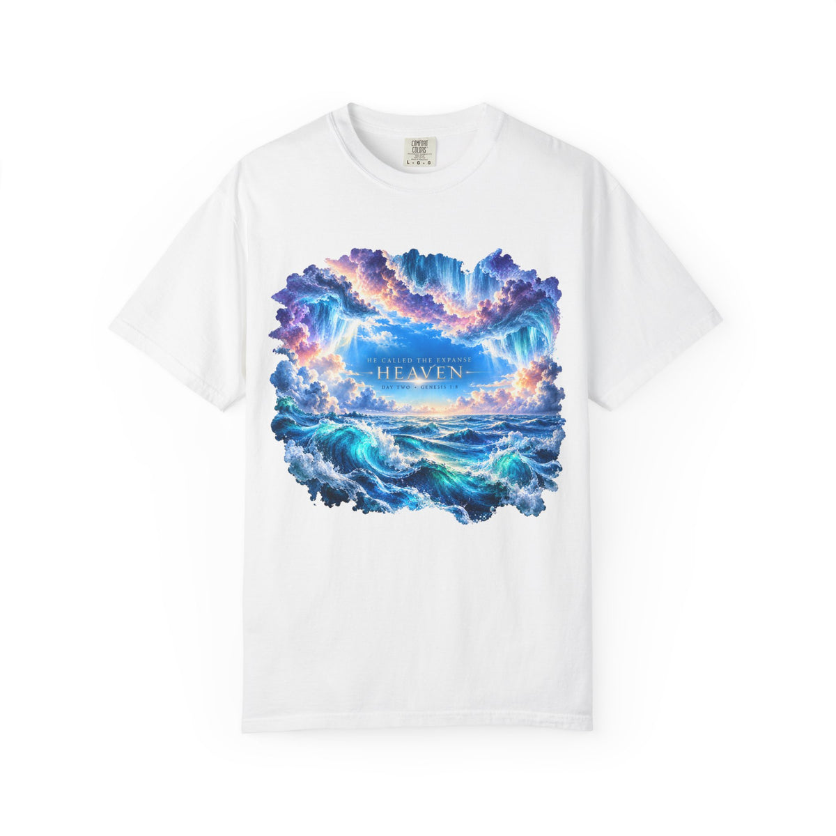 T-shirt featuring “Heavenly Ocean Waves”, cross imagery and bold lettering; quiet confidence.