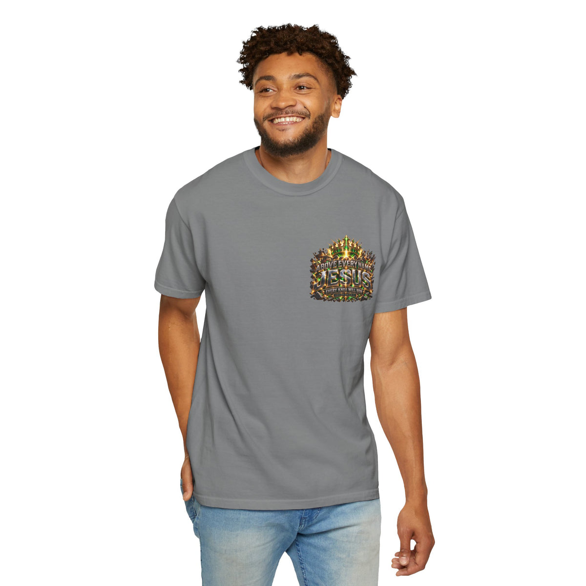 T-shirt featuring “Above Every Name Jesus”, crown imagery and  and forged-style lettering; joyful confidence.
