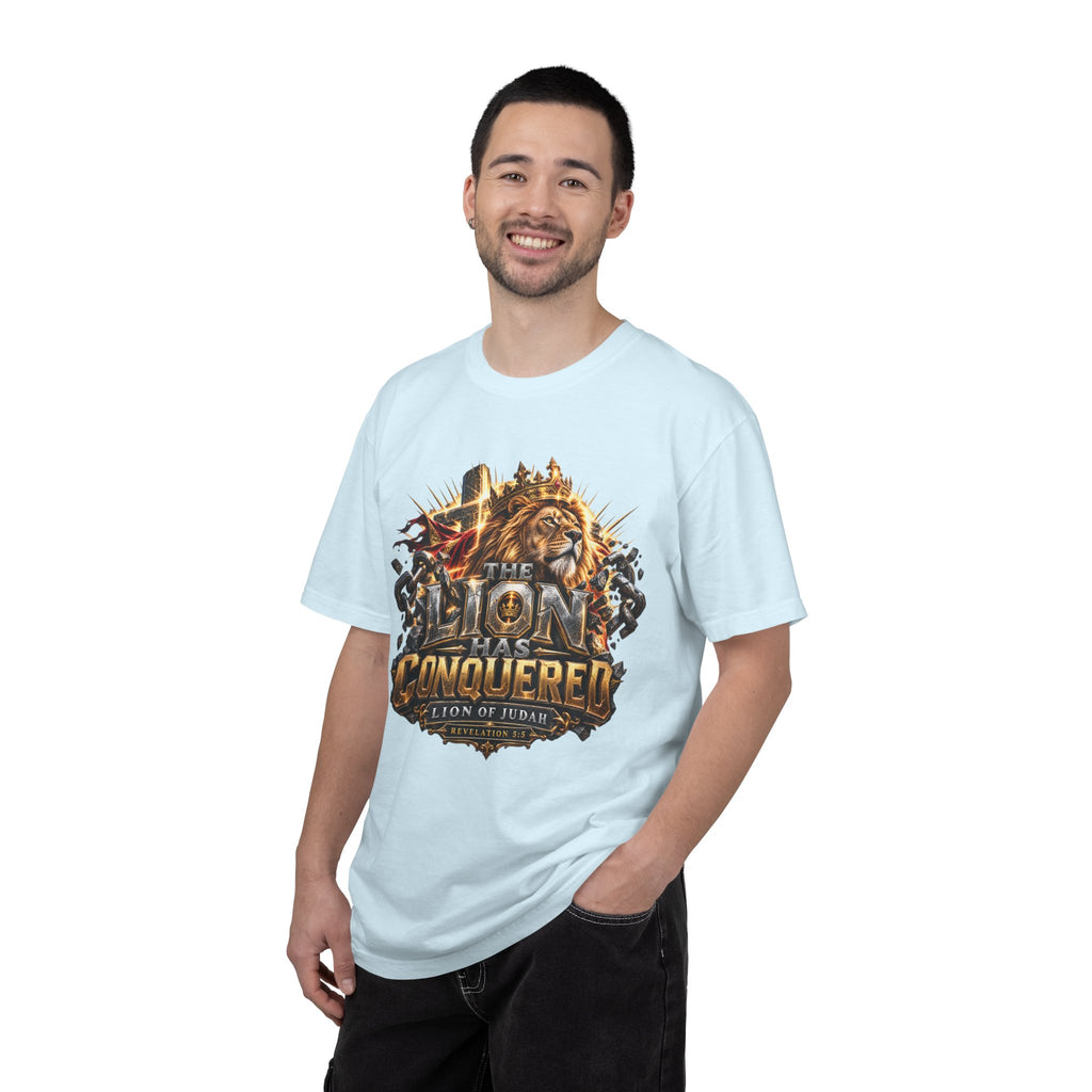 “Lion of Judah Conquered Graphic” Christian T-shirt with lion artwork and ; calm grounded style.