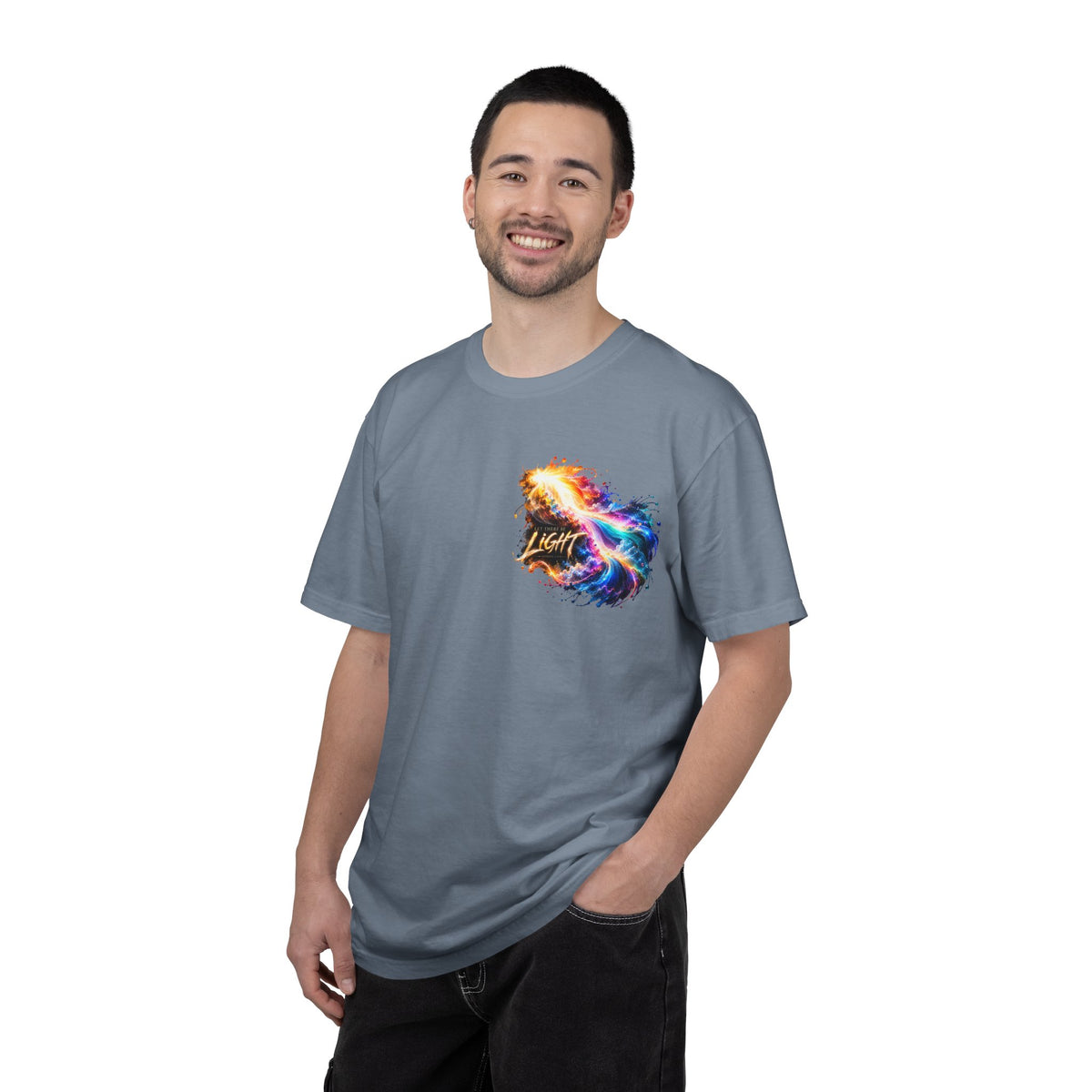 “Rainbow Flame Feather 'Be the Light'” Christian T-shirt with cross imagery and ; adventurous casual style.