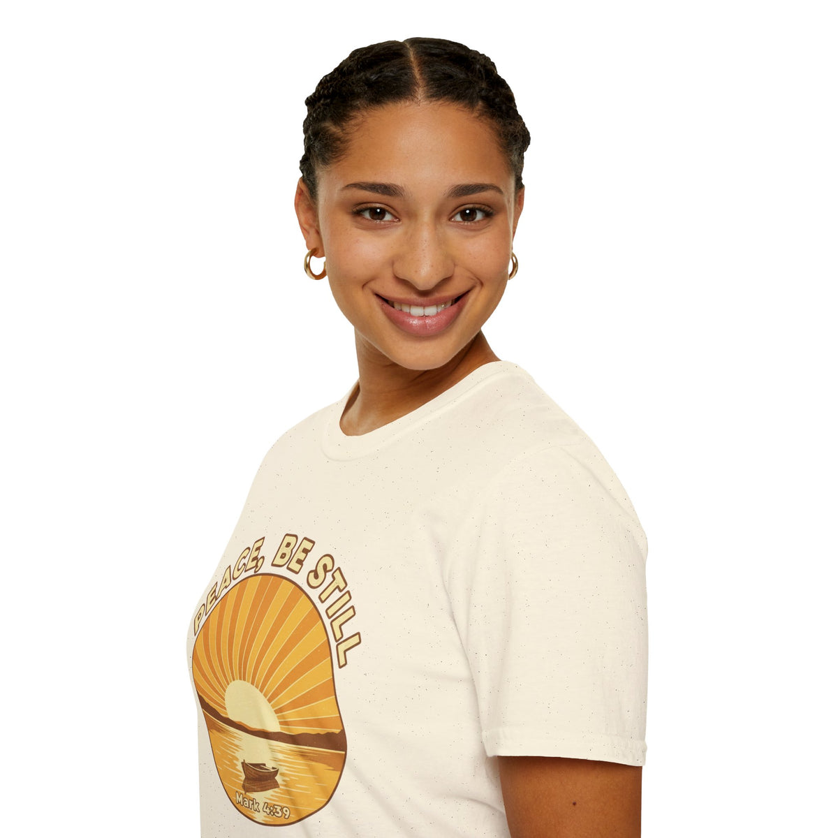 T-shirt featuring “Peace, Be Still”, sunrise detail and coffee detail and vintage lettering; adventurous spirit.