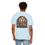 T-shirt featuring “Before Abraham I Am”,  and forged-style lettering; joyful confidence.
