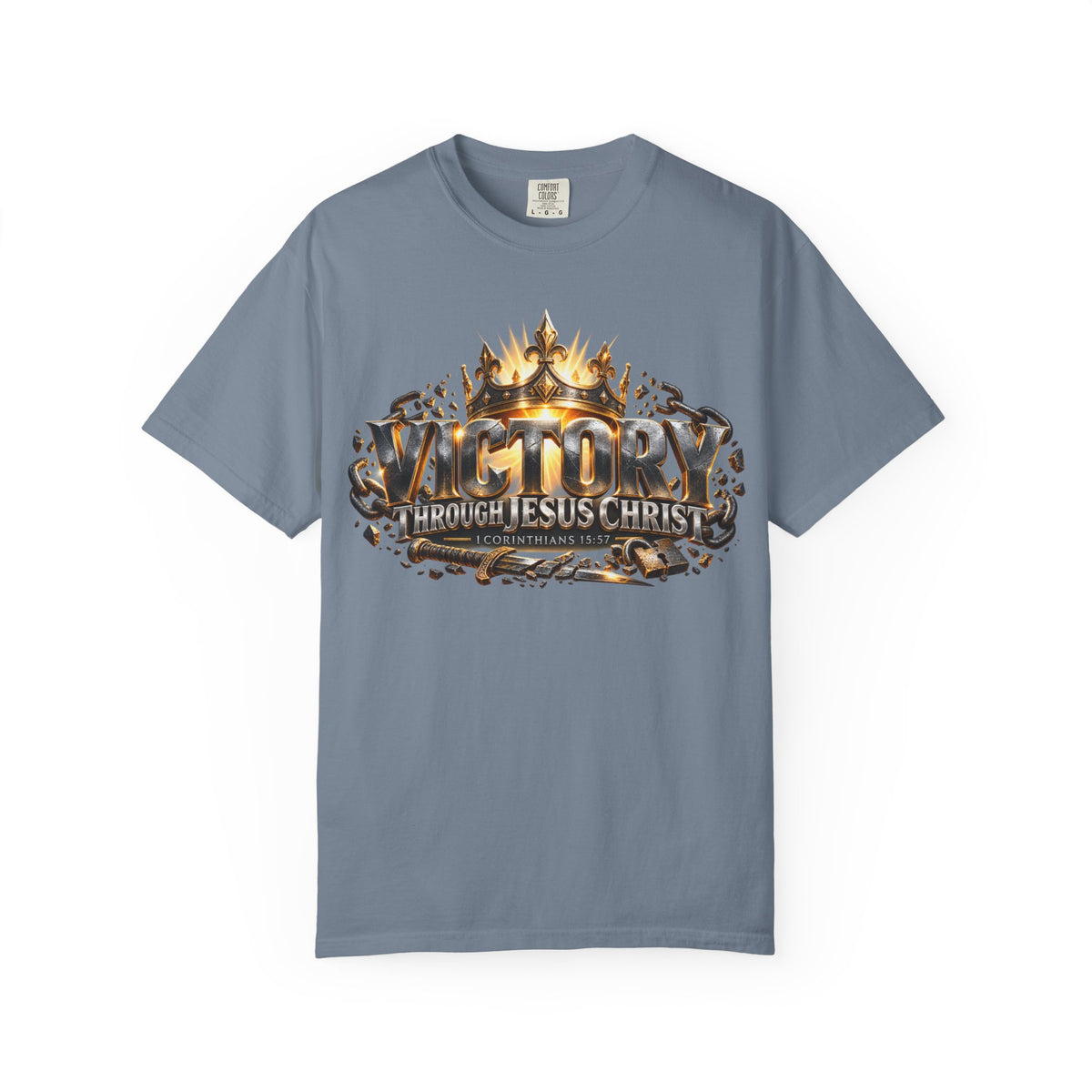 T-shirt featuring “Victory Through Jesus Christ”, crown imagery and  and distressed lettering; calm strength.